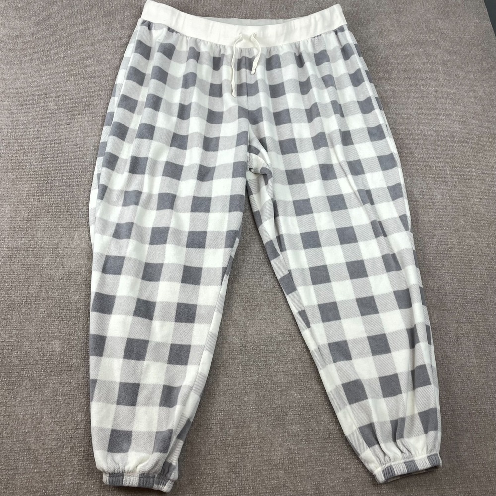 Old Navy Pajama Pants Womens 2XL Gray Plaid Fleece Lined Drawstring Sleepwear